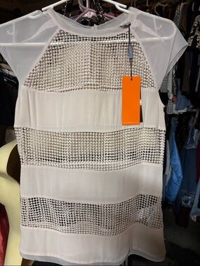 Karen Millen Cream Mesh & Woven Panel Sleeveless Top